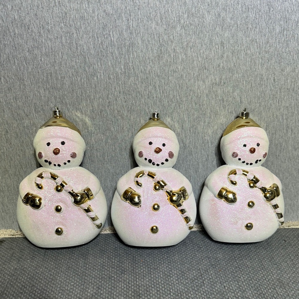 3 Whimsical White Glitter Holiday Snowman Ornaments Gold Accents Candy Cane